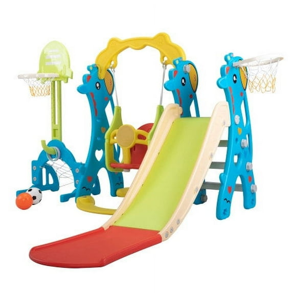 5 in 1 Slide Climber Swing Playset, Toddler Playset Playground Outdoor Slides - Basketball Hoop Football Ringtoss Indoor Outdoor Playground, Blue+Yellow