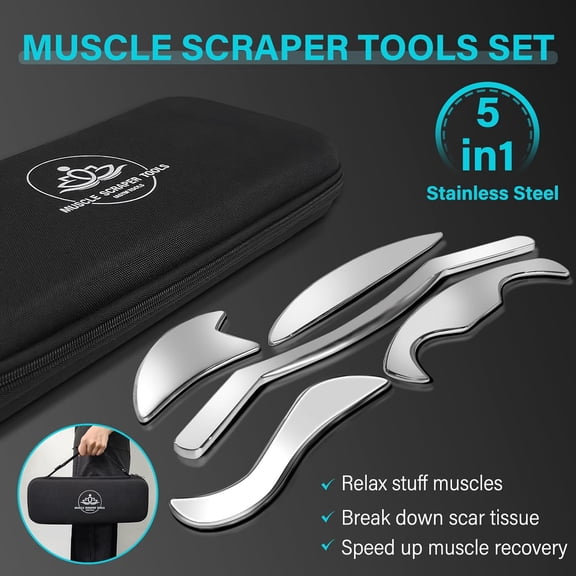 5 in 1 Stainless Steel Gua Sha Muscle Scraper Tools Set, Scraping Tools Kit for Physical Therapy, IASTM Tools, Guasha Tools for Deep Tissue Massage with Storage Bag