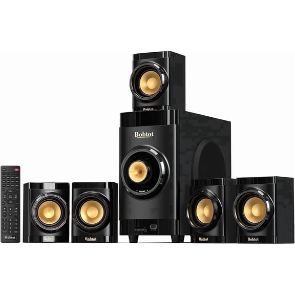 Bobtot 5.1 Surround Sound System,200W Bluetooth Speaker System for TV,5 Wired Speakers 4 inch Woofer Built-in Receiver, Support ARC Optical Bluetooth Input,Home Stereo Theater Systems