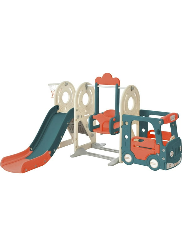 5 in 1 Toddler Bus Slide and Swing Set, Children Large Playground Climber Slide Playset with Swing, Climber, Basketball Hoop, Playground Bus Slide Set for Indoor Outdoor, Red