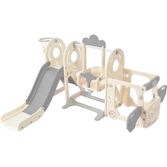 5 in 1 Toddler Bus Slide and Swing Set, Children Large Playground Climber Slide Playset with Swing, Climber, Basketball Hoop, Playground Bus Slide Set for Indoor Outdoor, Grey