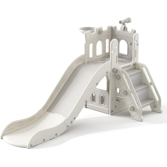 5 in 1 Toddler Slide, Extra-Long Kids Slide for Toddlers Age 1+ with Basketball Hoop and Ball, Storage Space, Indoor Outdoor Slide Playset Toddler Playground Climber Playset, Grey