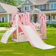 thumbnail image 1 of 5 in 1 Toddler Slide and Swing Set, Freestanding Toddler Slide with Climber, Playset for Kids with Basketball Hoop and Storage Space, Backyard Playground Toy for Indoor/Outdoor, Pink, 1 of 9