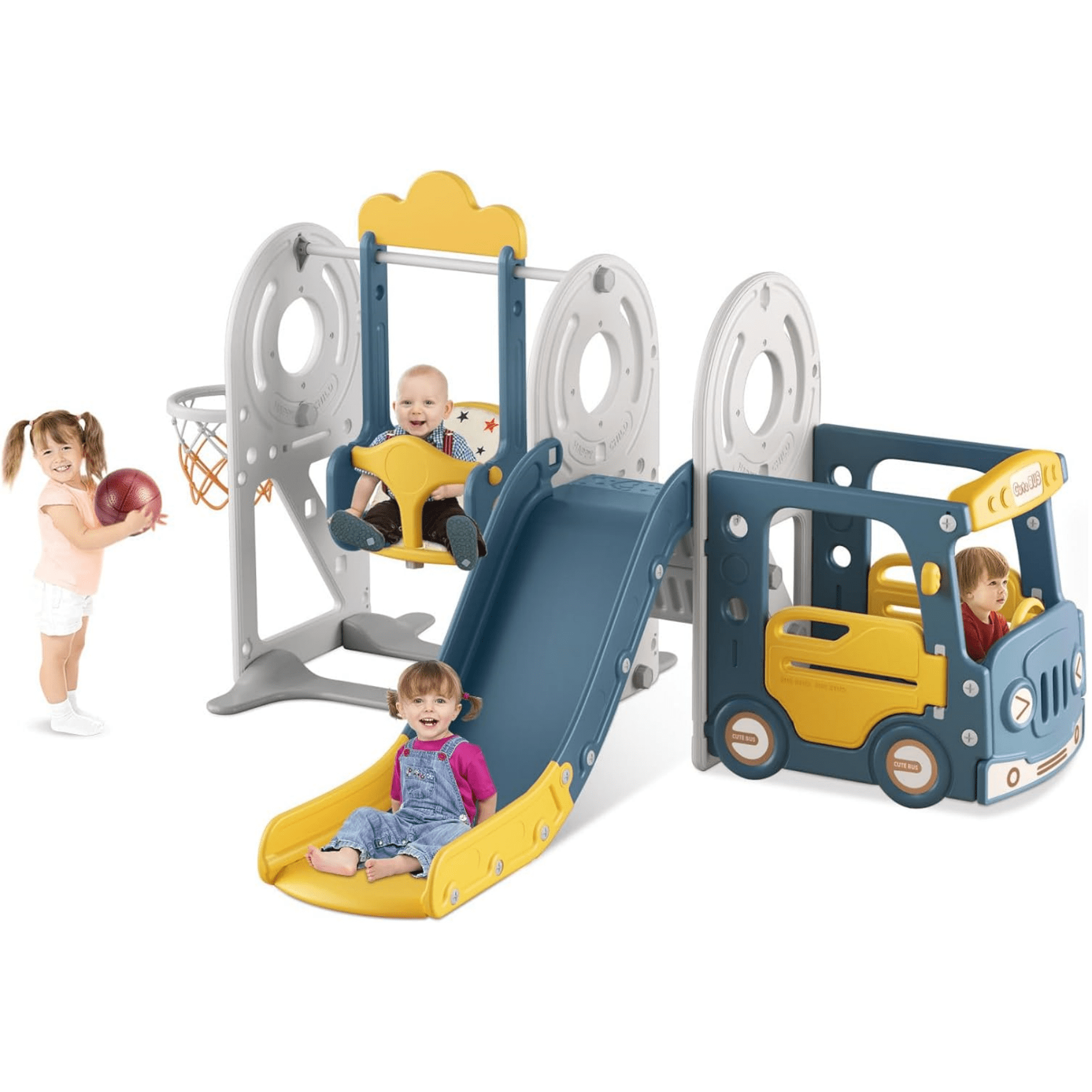 5 in 1 Toddler Slide and Swing Set, Kid Slide for Toddlers Age 13, Bus