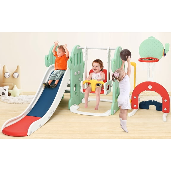 5 in 1 Toddler Slide and Swing Set, Kids Freestanding Slide Climber with Adjustable Swing and Basketball Hoop, Soccer Golf and Ring Toss Game, Indoor Outdoor Playset for Toddlers Age 1-3