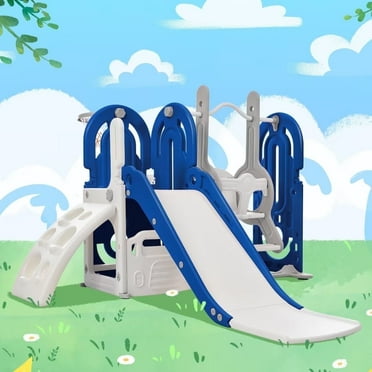 5 in 1 Toddler Slide and Swing Set, Kids Playground Climber Slide Playset with Basketball Hoop and Toy Storage Space, Height Adjustable Swing with Seat Belt & Armrest for Baby Indoor & Outdoor, Blue