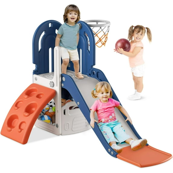 5 in 1 Toddler Slide, Swing and Slide for Toddlers Age 1-3 with Basketball Hoop and Basketball, Slide for Kids, Indoor Outdoor Backyard Toddler Playground Climbing Theme Baby Slide Toy