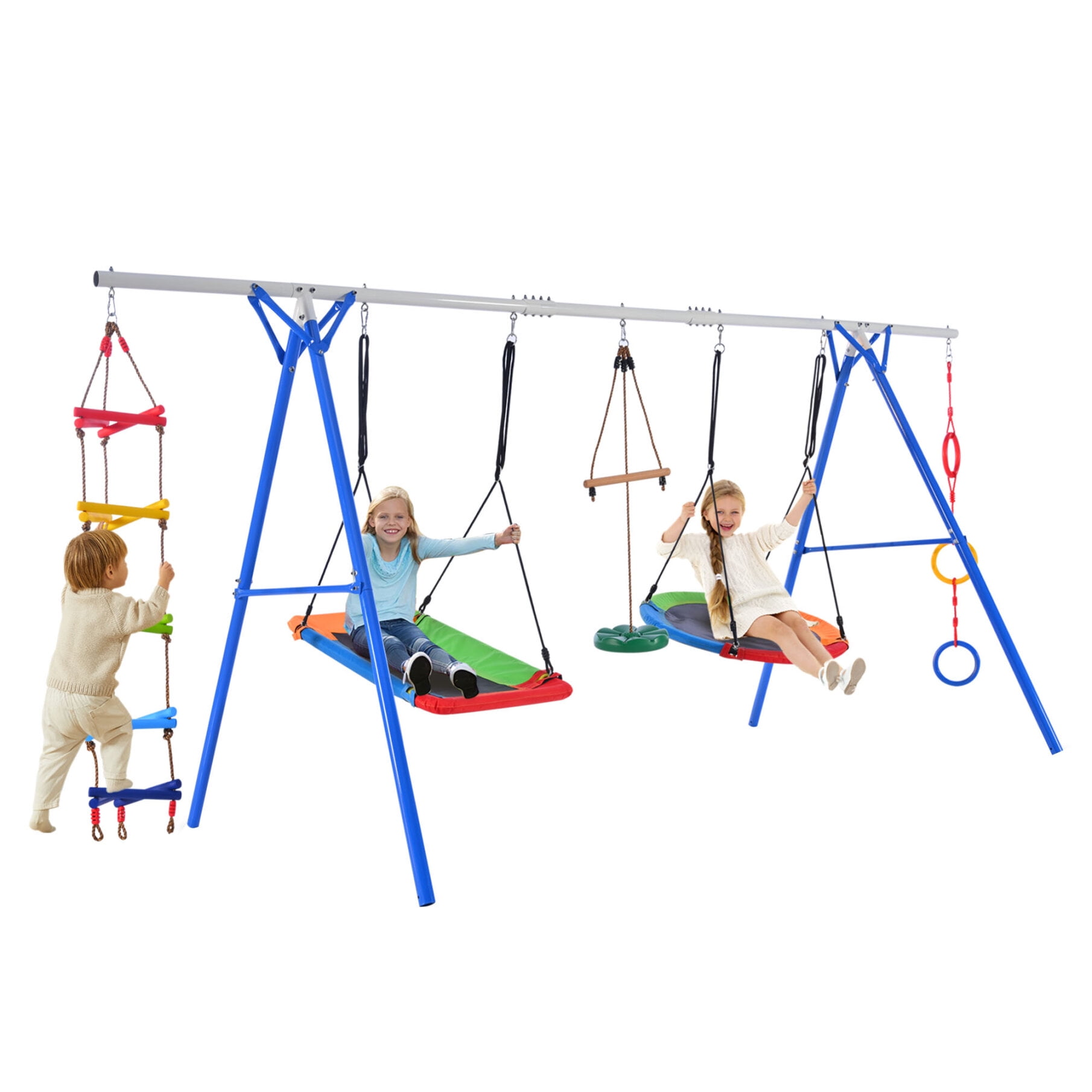 5 in 1 Toddler Swing Set for Backyard, Outdoor Playground Swing Sets with Metal Frame, Multifunction Playsets with Climbing Ladder, Saucer Swing, Monkey Bar Swing, Disc Swing for Kids Boys Girls