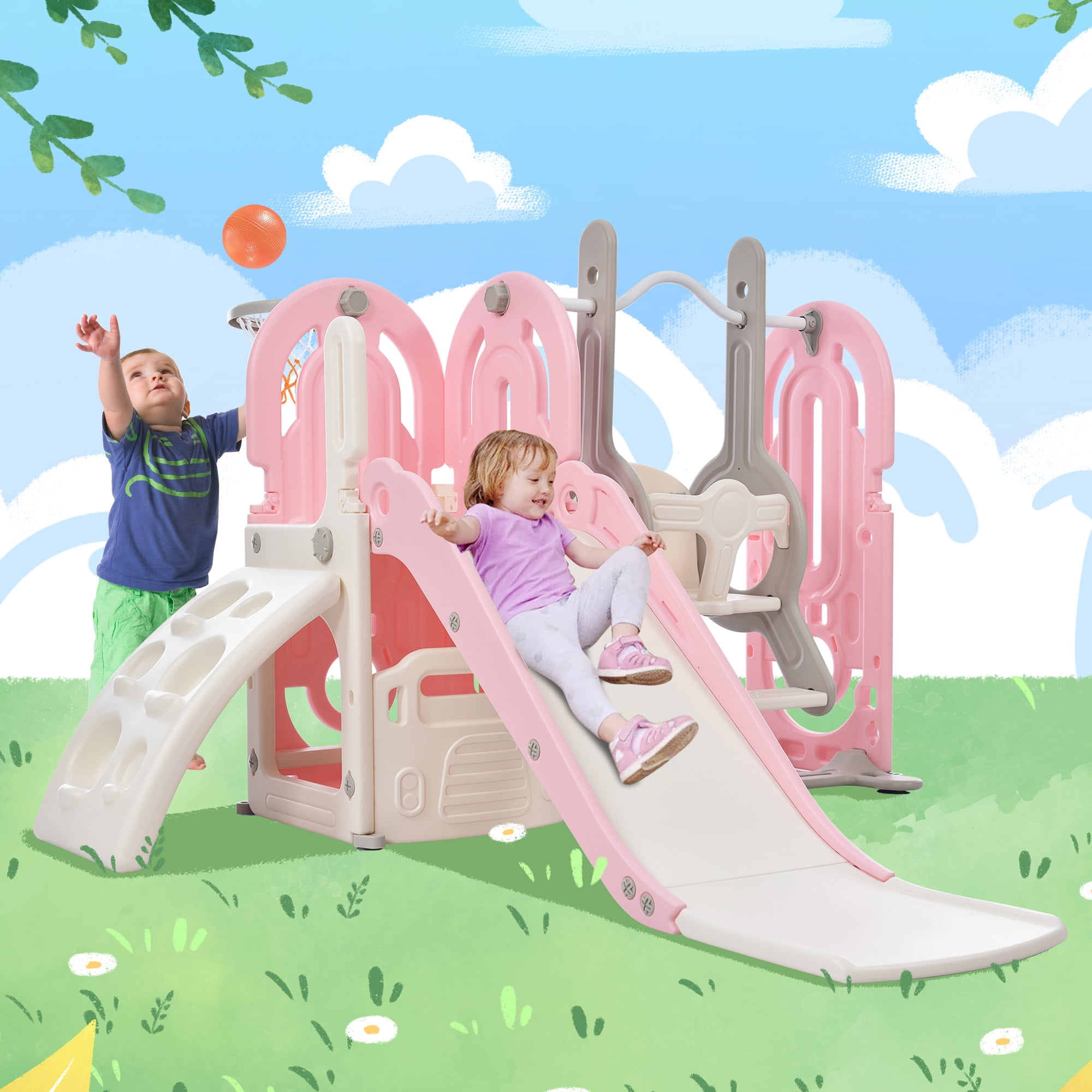 5 in 1 Toddler Swing and Slide Set with Climber, Kids Playground