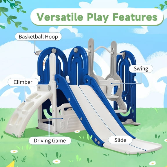 5 in 1 Toddler Swing and Slide Set, Slide Set with Climber and Basketball Hoop, High Adjustable Baby Swing Set, Climber Slide Playset for Indoor Outdoor Backyard, Blue