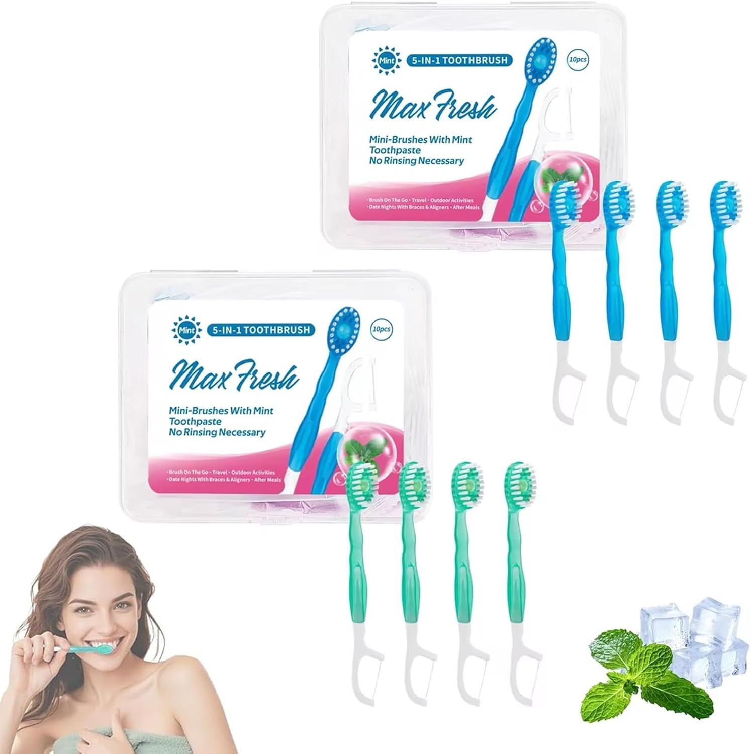 Mini Toothbrush Disposable with Toothpaste,Tongue Scrapers,Floss and Pick. Individually Wrapped, Portable Oral Care for Travel WorkPeppermint + Green tea flavor*2PC