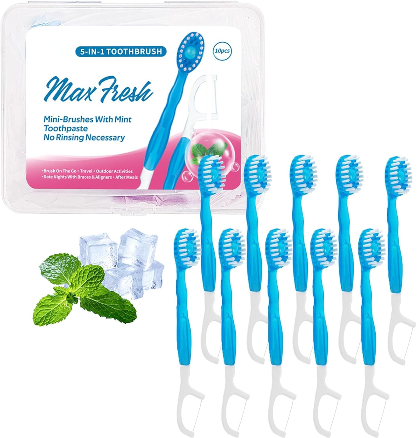 5 in 1 Toothbrush & Floss On The Go, 5-1 Toothbrush Floss and Tongue Scrapper and Picker, Portable Oral Care for Travel Work, Disposable Soft Mini Tooth_Brush Travel Set (Mint,10pcs)