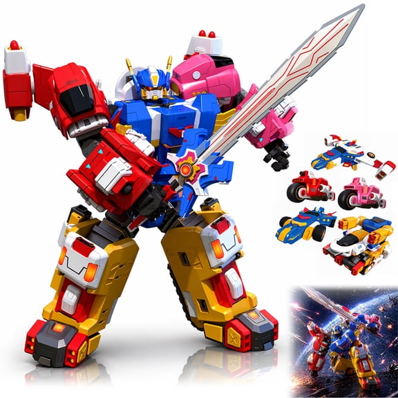 5 in 1 Transforming Robot Building Toy, Combiner Robot Action Figure Playset with Car, Motorcycle, Aircraft and Tank Modes, Gift for Boys Girls Ages 3+