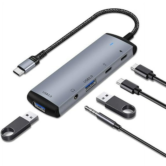 5 in 1 USB C to 3.5mm Headphone and Charger Adapter, USB C Hub OTG USB 3.0 Data Adapter PD 60W Charger Fit with iPhone 16 15 Pro Max, iPad Pro/iPad Air Mini/MacBook Pro, Galaxy S24 23 S22, Pixel 9 8