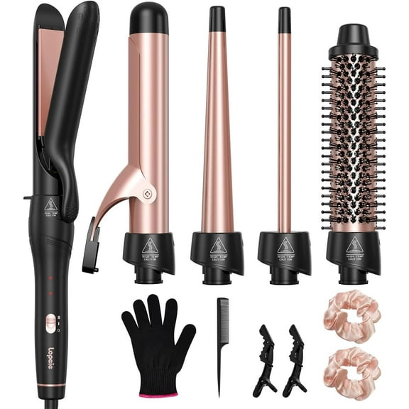 5 in 1 Wand Curling Iron Set, Hair Styling Tools with Thermal Brush and 4 Interchangeable Ceramic Barrels from 1/2 to 1 1/2 inch, Fast Heating, Dual Voltage Hair Curler