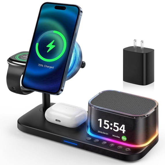 5 in 1 Wireless Charging Station with Alarm Clock, Bluetooth Speaker & Ambient Light, 45W GaN Fast Charger Included, 25W Magnetic Charger for Phone Earbuds Watch, Office & Bedside and Travel