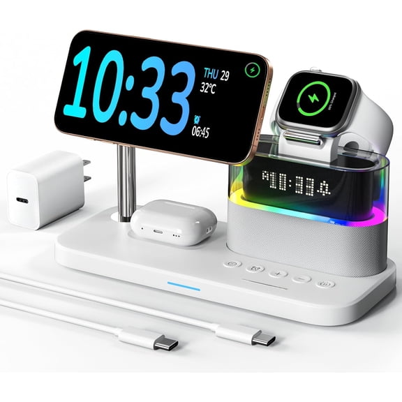 5 in 1 Wireless Charging Station for Apple,Magnetic Charger with Alarm Clock Night Light for Multiple Devices,Nightstand Charging Station Compatible with iPhone 17/16/15/14/13/12,Apple Watch,Air-Pods