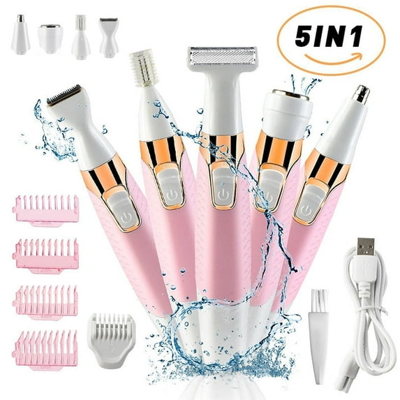 5 in 1 Women Electric Hair Removal Razor Cordless Ladies Shaver Painless Body Hair Trimmer Remover Rechargeable Epilator for Bikini Facial Nose Ear Eyebrows Leg Armpit Clipper Grooming Groomer Kit