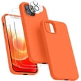 thumbnail image 1 of [5 in 1 for iPhone 12/iPhone 12 Pro Case, with 2 Pack Screen Protector + 2 Pack Camera Lens Protector, Liquid Silicone Slim Shockproof Protective Phone Case [Microfiber Lining] (Orange)…, 1 of 14