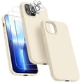 thumbnail image 1 of [5 in 1 for iPhone 13 Pro Case, with 2 Pack Screen Protector + 2 Pack Camera Lens Protector, Liquid Silicone Slim Shockproof Protective Phone Case [Microfiber Lining] 6.1 (Stone)…………, 1 of 14
