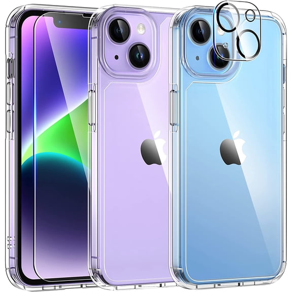 YCRC 5 in 1 for iPhone 14 Plus Case [Not Yellowing], with 2 Tempered Glass Screen Protectors+2 Camera Lens Protectors [Military Grade Protection] Shockproof Slim iPhone 14 Plus Case 6.7 Inch,Clear