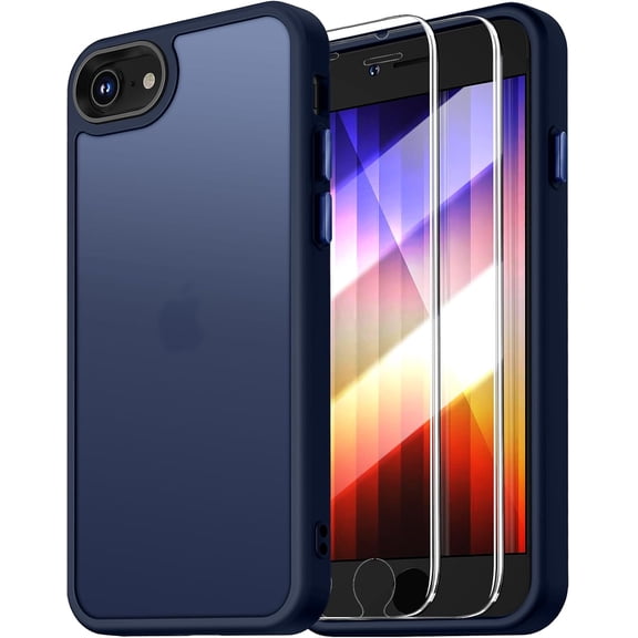 5 in 1 for iPhone SE case 2022/3rd/2020/2nd gen, iPhone 7/8, with 2X Screen Protectors [15FT Military Grade Protection] Anti-Fingerprints Anti-Scratch Translucent Matte Back (Blue)