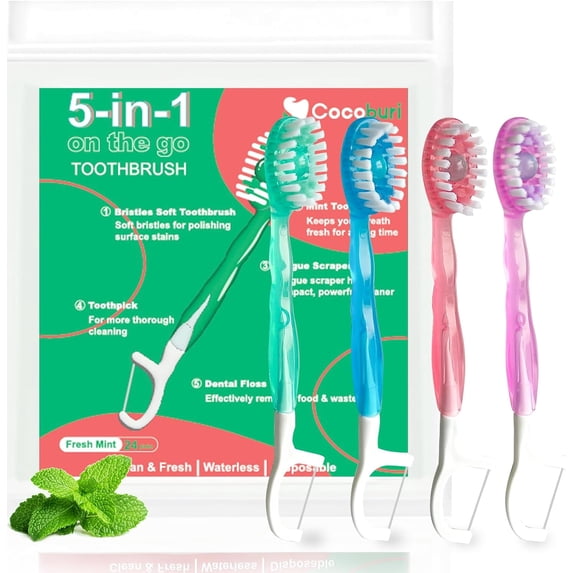 5 in 1 isposable mini Toothbrushes on the go Toothbrush Portable Travel Toothbrush(Toothpaste + Tongue Scraper + Floss + Picks Iniviually Wrappe Prepaste Oral Care Mint 24 Packs
