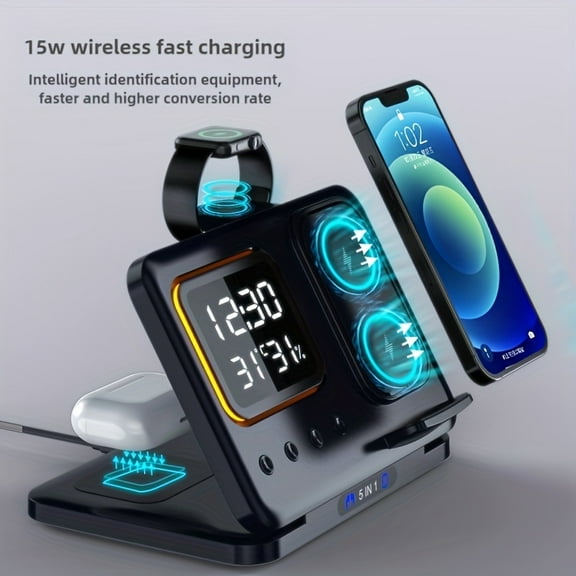 5 in 1 wireless charger, integrating night light, time and temperature display and ambient light, compatible with Apple mobile phones and watches, providing convenient charging.