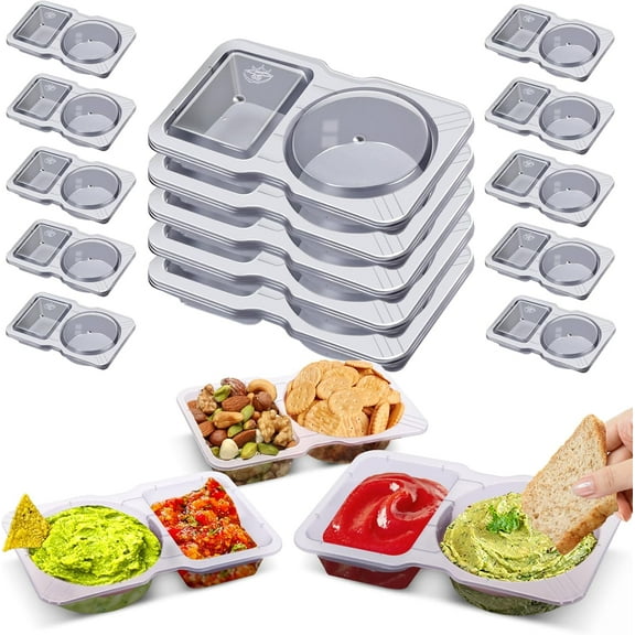 5/10/15/20 pcs Double Compartment Condiment Containers with Lids, 2025 New Disposable 2 Compartment Snack Containers, Plastic Bento Boxes for Office,Picnic,Microwave Safe 15pcs