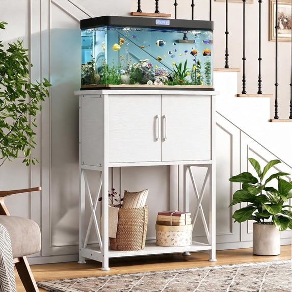 5-10 Gallon Fish Tank Stand, Metal Double Aquarium Stand with Cabinet for Fish Tank Accessories Storage, Heavy Duty 20.5" L* 11.02" W Tabletop, 500LBS Capacity White