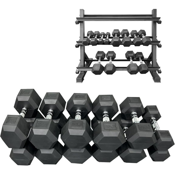 250 lbs Rubber Hex Dumbbell Set with Rack (5-50 lbs) - Home Gym Fitness, Space Saving Strength Training Equipment for Men Women - Build Muscle, Get Fit