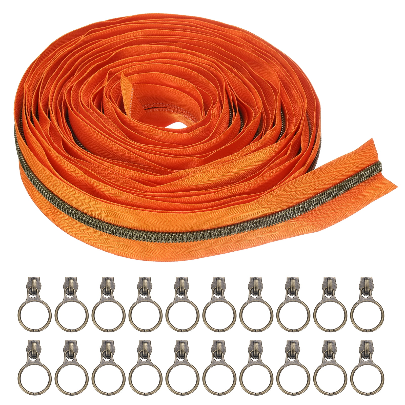 #5 10 Yards Nylon Coil Zippers, Bulk Coil Zipper by the Yards with 20pcs Vintage Brass Zippers Sliders for Diy Tailor Sewing Craft Bag Clothes, Orange