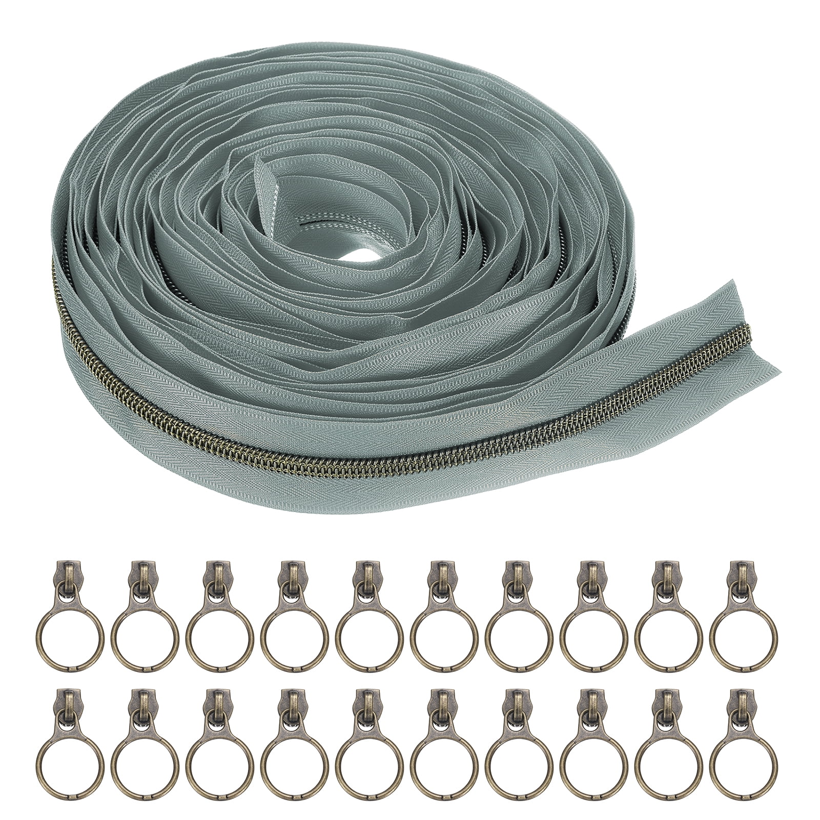 #5 10 Yards Nylon Coil Zippers, Bulk Coil Zipper by the Yards with 20pcs Brass Zippers Sliders for Diy Tailor Sewing Craft Bag Clothes, Gray