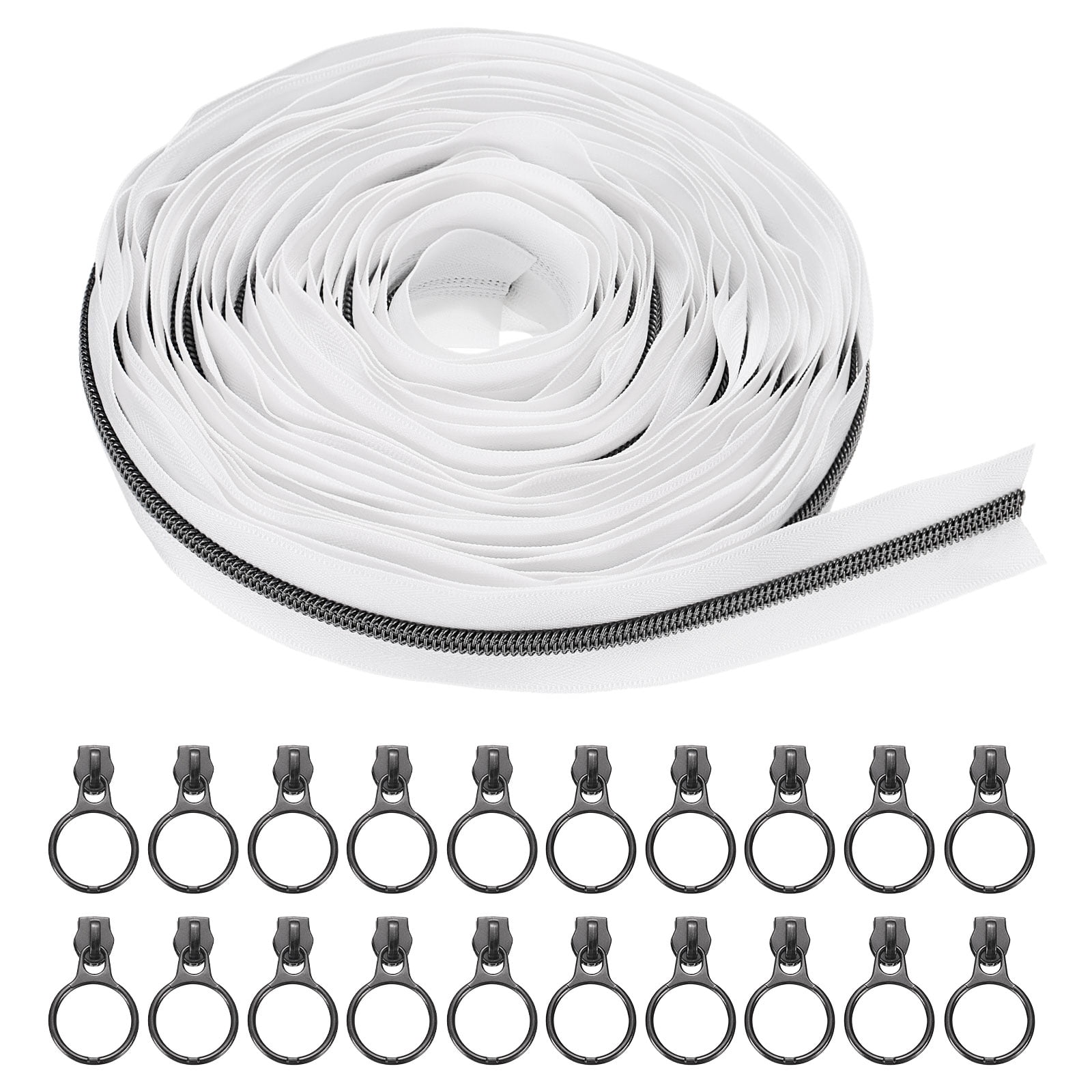 Uxcell #5 10 Yards Nylon Coil Zippers Bulk Coil Zipper by the Yards with 20 Pcs Gunmetal Zippers Sliders  White