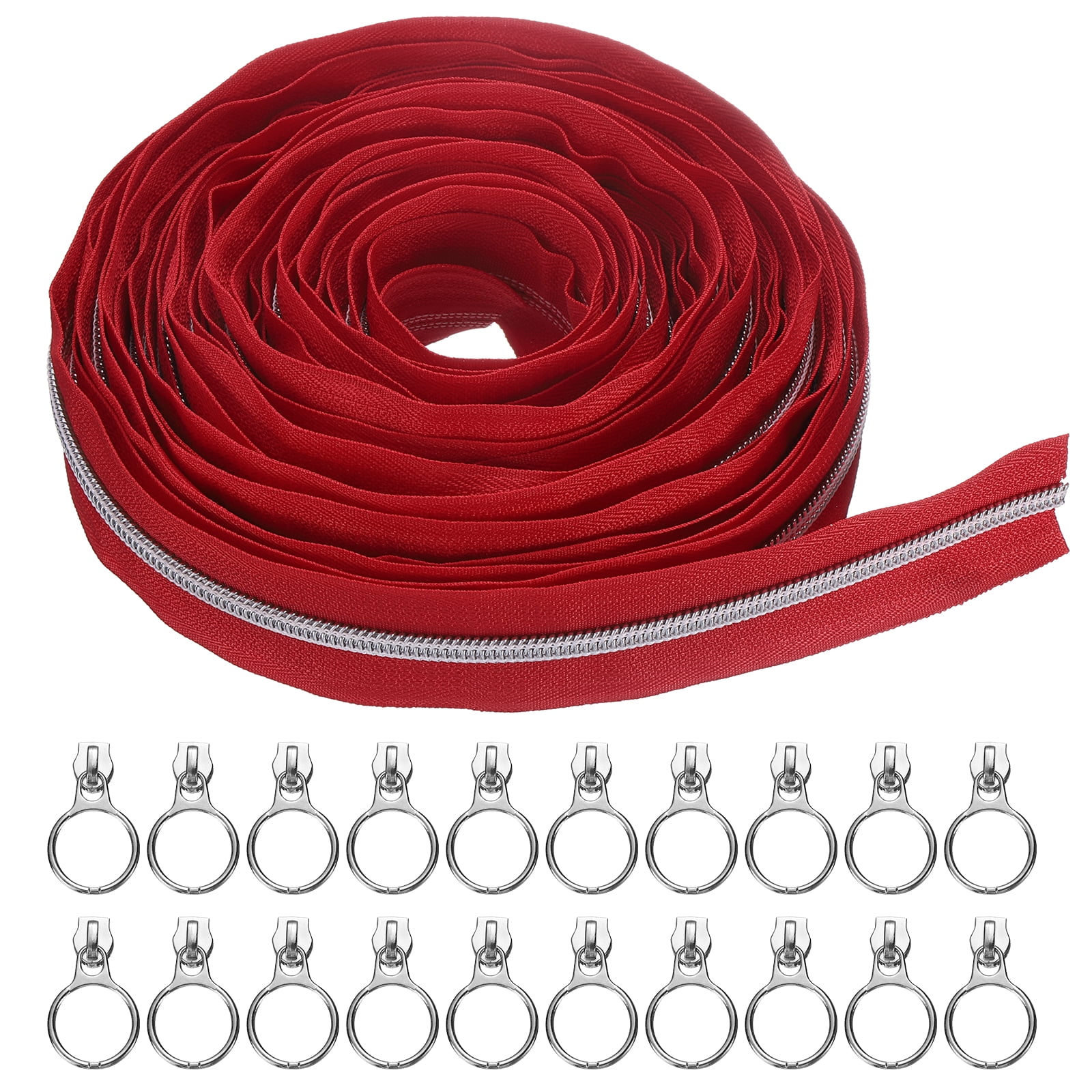 #5 10 Yards Nylon Coil Zippers, Bulk Coil Zipper by the Yards with 20pcs Silver Zippers Sliders for Diy Tailor Sewing Craft Bag Clothes, Red