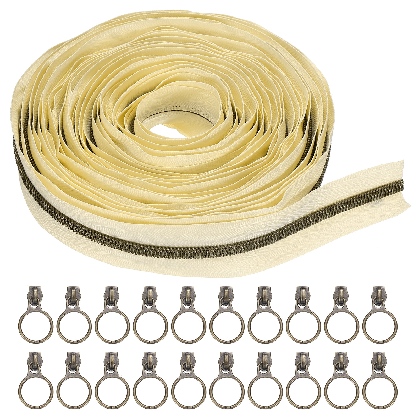 #5 10 Yards Nylon Coil Zippers, Bulk Coil Zipper by the Yards with 20pcs Vintage Brass Zippers Sliders for Diy Tailor Sewing Craft Bag Clothes, Beige