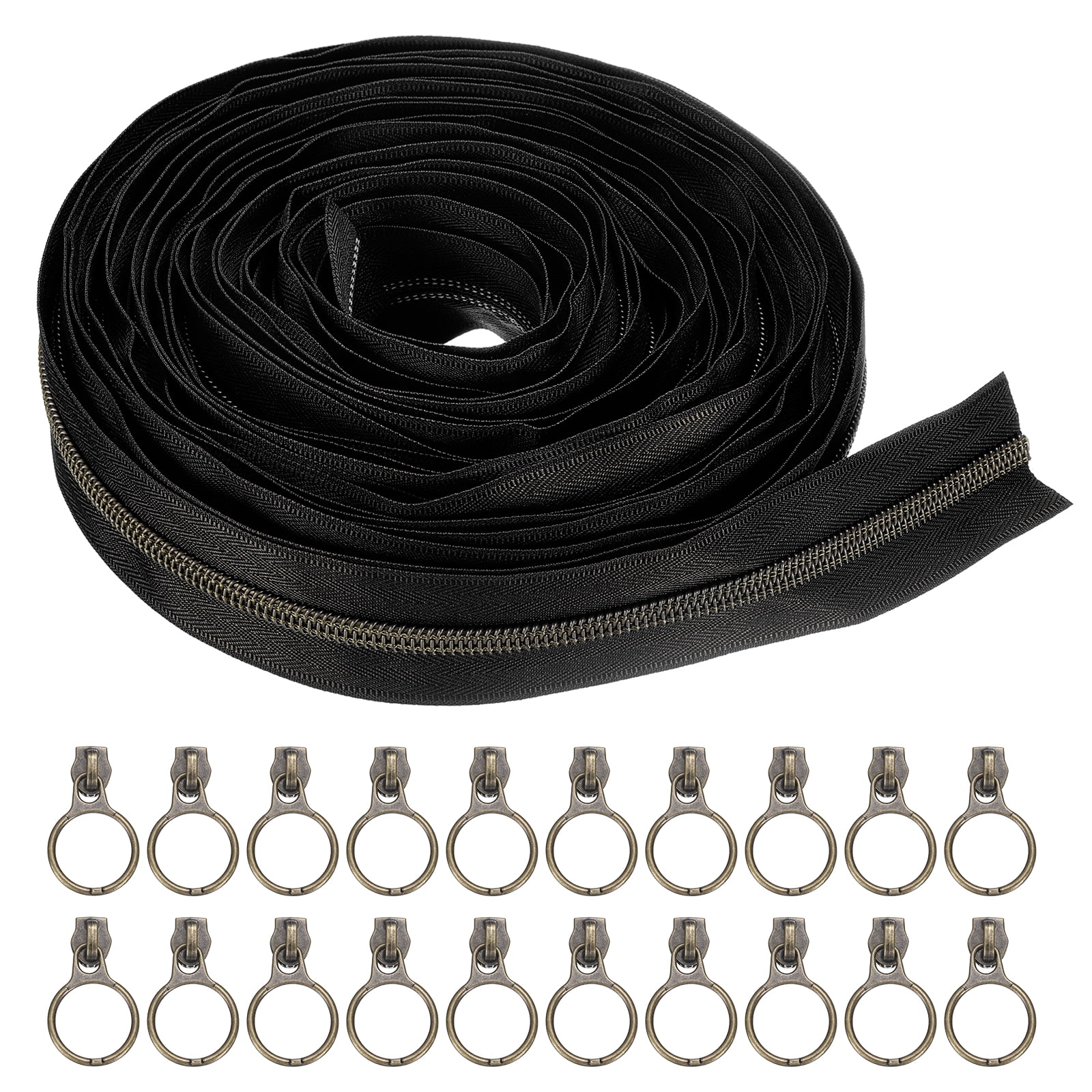 #5 10 Yards Nylon Coil Zippers, Bulk Coil Zipper by the Yards with 20pcs Vintage Brass Zippers Sliders for Diy Tailor Sewing Craft Bag Clothes, Black