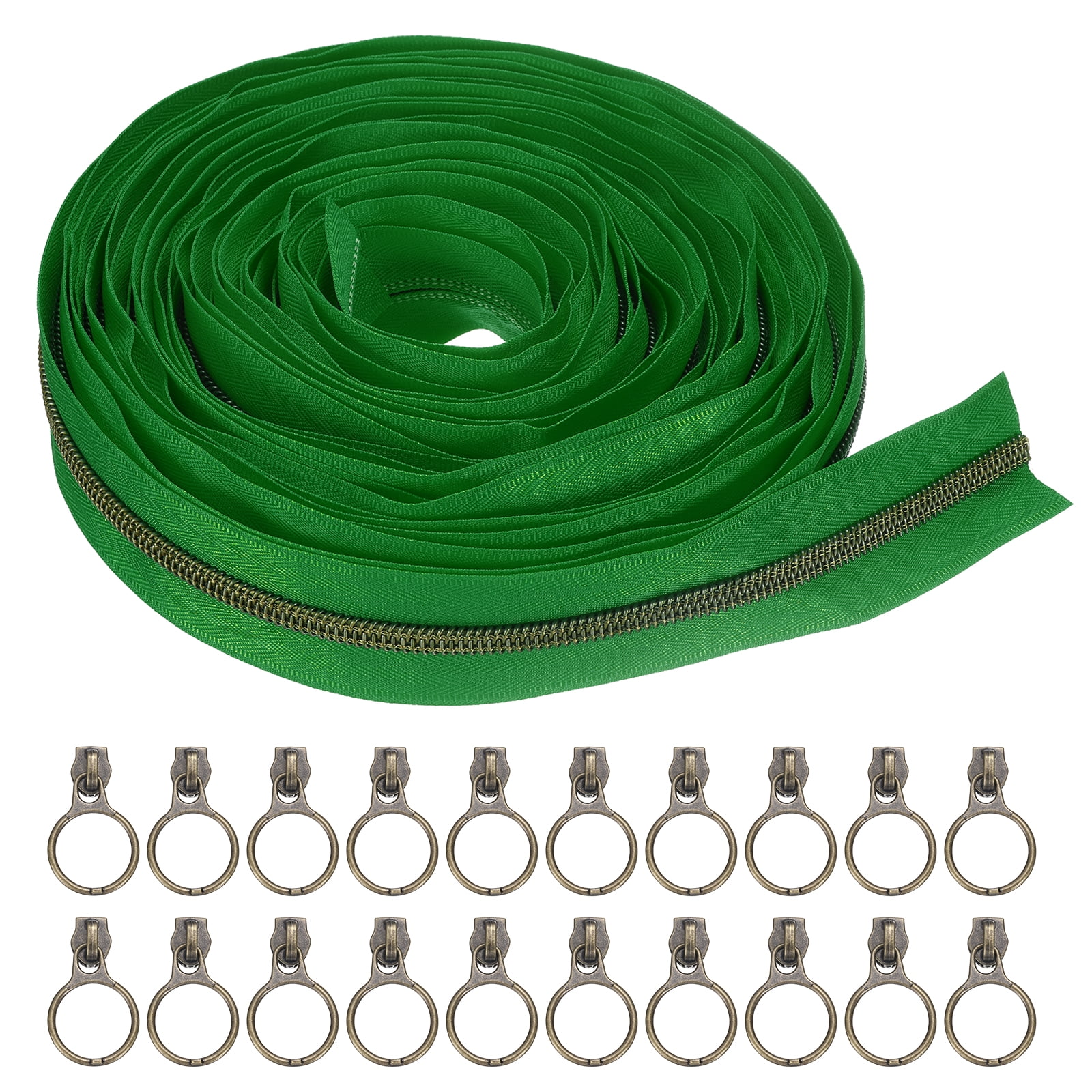 #5 10 Yards Nylon Coil Zippers, Bulk Coil Zipper by the Yards with 20pcs Vintage Brass Zippers Sliders for Diy Tailor Sewing Craft Bag Clothes, Green