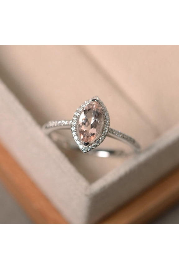 5*10 mm Marquise Cut Morganite Ring, Sterling Silver, Pink Gemstone Proposal Ring, Marquise Halo Engagement Ring
