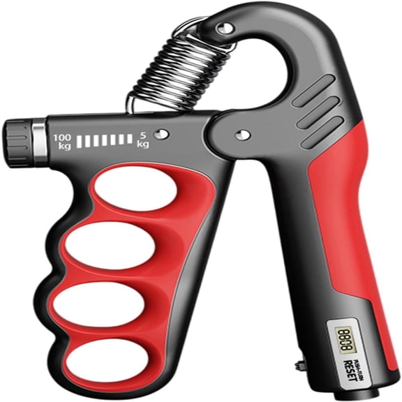 5-100KG Adjustable Electronic Counting Hand Grip Strengthener Four-Finger Forearm Muscle Fitness Trainer for Adult Hand Strength Exercise 6.2×4.3Inch Red