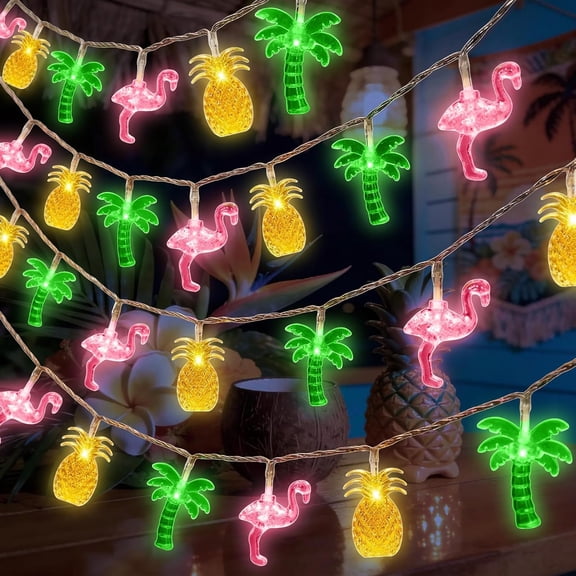5/10Ft Tropical Hawaiian LED String Lights, Plug-in Flamingo Pineapple Palm Tree Decor Lights for Summer Beach Pool Patio Party