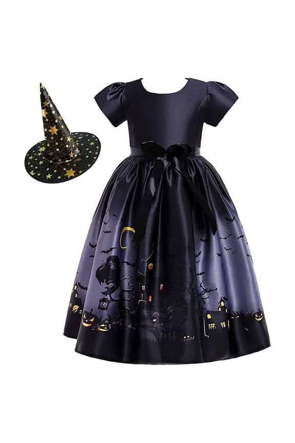 5-10T Girls Witch Cosplay Dress Halloween Pumpkin Fancy Princess Dress