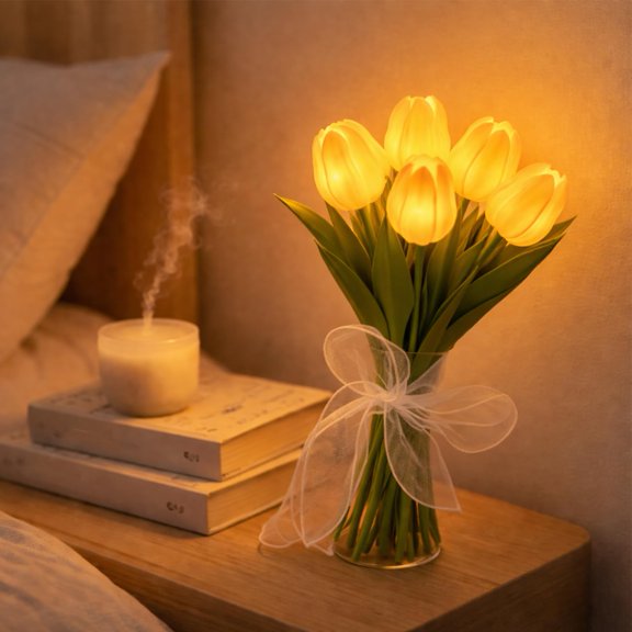 5/10pcs Radiant Romantic Tulip Night Light, PU Artificial Bouquet Bedside Lamp, Flowers Decorative Mood Decorative Lamps, for Bedroom, Home Decor, Gift