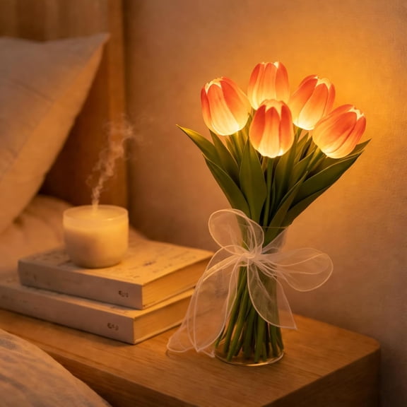5/10pcs Radiant Romantic Tulip Night Light, PU Artificial Bouquet Bedside Lamp, Flowers Decorative Mood Decorative Lamps, for Bedroom, Home Decor, Gift
