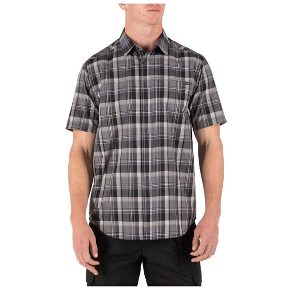 5.11 Tactical Men's Poly-Cotton Hunter Plaid Short Sleeve Shirt, Black Plaid, X-Small, Style 71374
