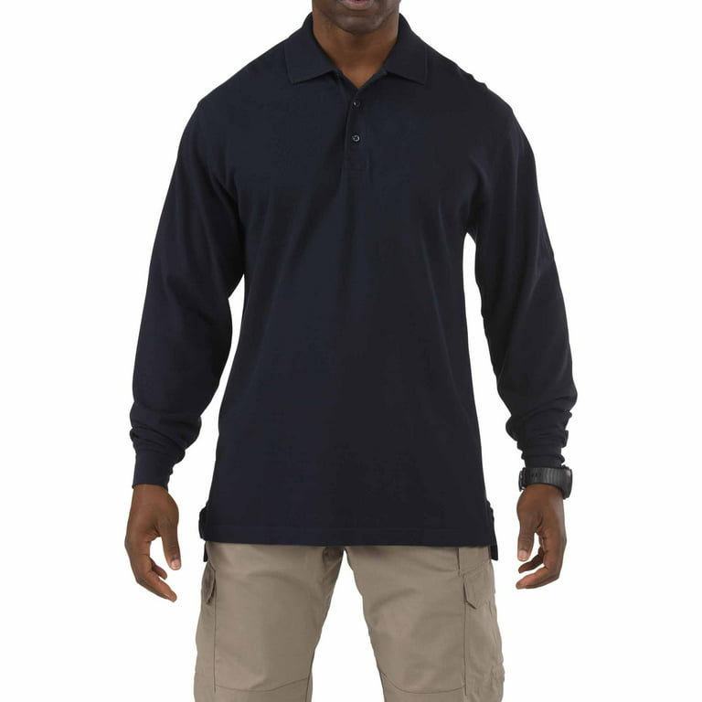 5.11 Work Gear Men's Professional Long Sleeve Polo Shirt, Cotton Pique  Knit, Reinforced Seams, Dark Navy, X-Large, Style 42056 