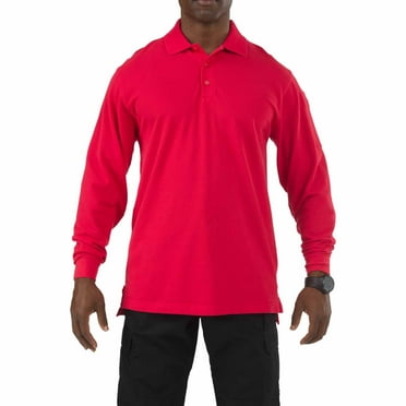 5.11 Work Gear Men's Professional Long Sleeve Polo Shirt, Cotton Pique Knit, Reinforced Seams, Range Red, X-Small, Style 42056
