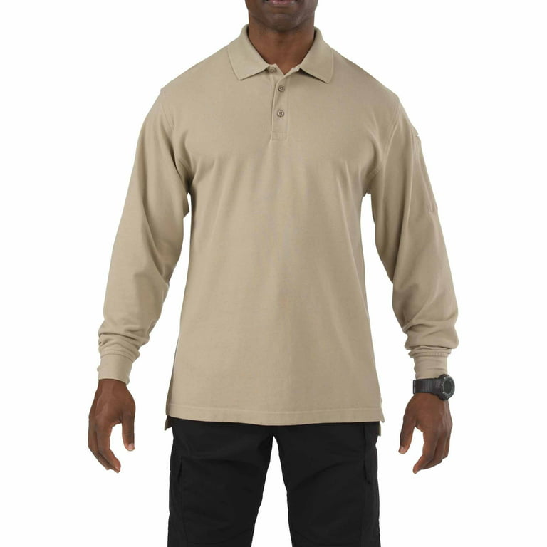 5.11 Work Gear Men's Professional Long Sleeve Polo Shirt, Cotton Pique  Knit, Reinforced Seams, Silver Tan, 3X-Large, Style 42056 