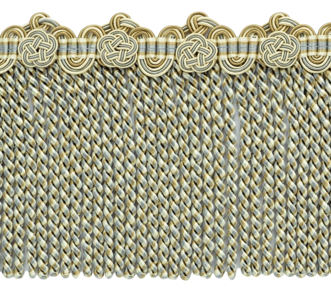 5" (12.5cm) Alexander Collection Bullion fringe Trim with Fancy Scroll and Rosette Header # BFAX5,, Cream Ivory Blue #LX03 (Light Blue, Light Beige, White Ivory) 5 Yards (15 ft/4.5m)