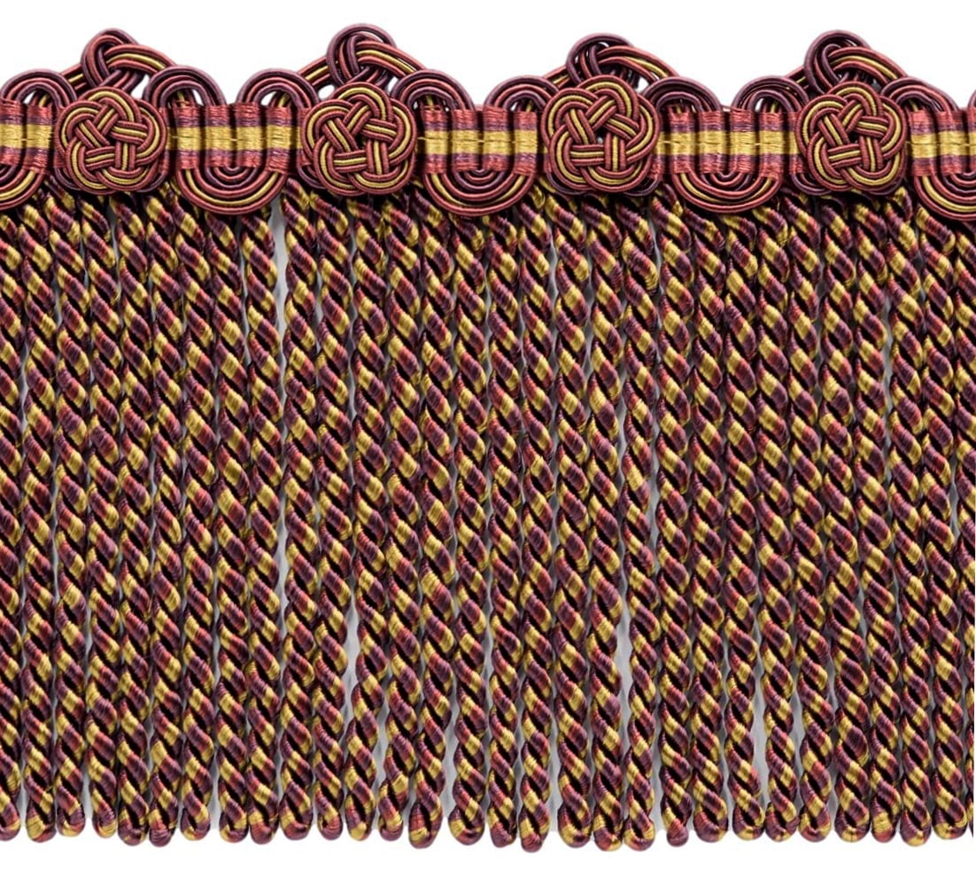 5" (12.5cm) Alexander Collection Bullion fringe Trim with Fancy Scroll and Rosette Header # BFAX5,, Golden Brown Beige #LX09 (Golden Beige, Dark Red, Plum Purple) 5 Yards (15 ft/4.5m)